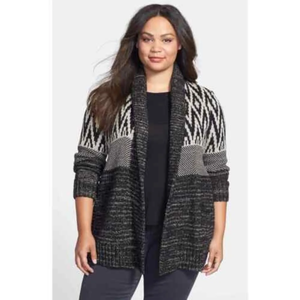 Lucky Brand Cotton/Wool Blend Long Line Cardigan Aztec Knit L